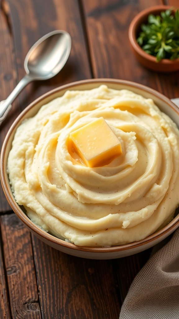 Fluffy mashed potatoes in a bowl with butter on top, served on a rustic wooden table.
